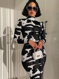 Hugcitar 2023 Long Sleeve Turtleneck Cow Print Bodycon Maxi Dress Autumn Winter Women Fashion Party Club Sexy Outfits Clothing