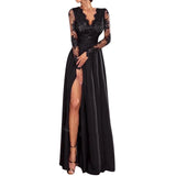 greatnfb Women's Fashion Sexy Lace Splicing Gowns Dresses V Neck High Waisted Cocktail Dresses Black High Split Evening Party Dresses