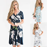 greatnfb Women Summer Casual Chiffon Dress Boho Midi Flowers Printed Short Sleeve V-neck Dress Evening Party/Beach Dress/Floral Sundress