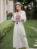 Fashion Summer and Autumn Dress Pattern Embroidery Cotton Linen White Skirt Holiday Three-quarter Sleeve Long Skirt Party