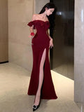 Red Sexy Club Backless High Split Ruffles Wrapped Hip Dress Elegant Luxury Off Shoulder Party Evening Dresses Women 2023 Summer