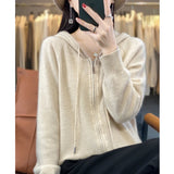 100% Cashmere Sweater Women's Hooded cardigan Fashion Loose Casual Cashmere Sweater Women's Thickened Top Coat Korean Version