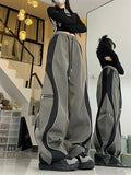 Y2K Line Design Pant Women Drawstring Pockets Wide Leg Chic Punk Pants Baggy Striped Sports Sweatpants Parachute Jogger Trousers