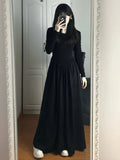 greatnfb Winter Dress Korean Style Vintage O Neck Full Sleeve Black Long Dresses Slim Waist Maxi A Linen Dresses Fashion Design