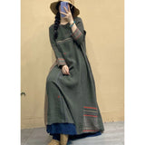 greatnfb Women Vintage Embroidered Contrast Dress Linen Loose O-Neck Long Sleeve Dresses Spring New Chinese Style Clothes