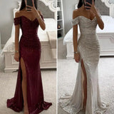 Solid Color Long Sleeve Dress Elegant Sequin V-neck Maxi Dress for Evening Party Prom Off Shoulder Slim Sexy Split Long Dress