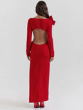 Mozision Elegant Bow Backless Sexy Maxi Dress For Women Fashion Red O Neck Long Sleeve Bodycon Club Party Long Dress New