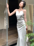 New Summer Stain Midi Dress Women Evening Party Dress Elegant Sleeveless Slim Mermaid Prom Robe Fashion Solid One Pieces Vestido