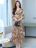 Women Spring Autumn Midi Casual Dress Beach Floral Chiffon Robe Chic Elegant Evening Dresses For Party Korean Fashion 2022 Maxi