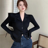 Rimocy Black Knit V Neck Cardigan Women Korean Fashion Long Sleeve Sweater Cardigans Woman Single Breasted Slim Fit Jumper Mujer