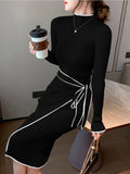 greatnfb Women Knitted Dress New Autumn Winter Slim Lace-Up Long Sleeve Bottoming Sweater Skirt Elegant Fashion Office Female Vestidos