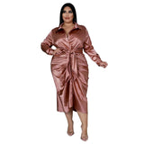 Elegant Satin Plus Size Women Shirt Dress Sexy Ruched Long Sleeve Lace Up Evening Party Midi Drerss Vestido Africano Feminino