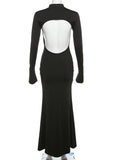 Laxsesu Backless Sexy Maxi Dress Women's Long Sleeve Bodycon Black Autumn Dress Elegant Party Evening Dresses for Women