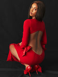 Mozision Elegant Bow Backless Sexy Maxi Dress For Women Fashion Red O Neck Long Sleeve Bodycon Club Party Long Dress New