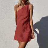 greatnfb Women Mini Dresses Summer Casual Boho Beach Dresses Linen Solid Color One Shoulder Slim Fashion Temperament Dress