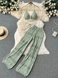 SINGREINY Women Summer Knitted Set Halter Short Tops+ Hollow Wide Leg Long Pants Sets Shell Beach Sexy Backless Two Piece Suits