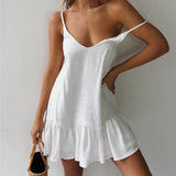 Spaghetti Strap Dresses Off Shoulder Women Summer Dress White Shift Dress Ruffle Sexy Sundress Mini Cotton Linen Vestidos