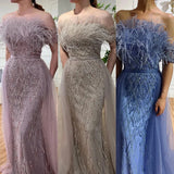 Serene Hill Dubai Luxury Beaded  Blue Mermaid Elegant Overskirt Evening Dresses Gowns 2024 For Women Wedding Party LA71634