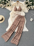 SINGREINY Women Summer Knitted Set Halter Short Tops+ Hollow Wide Leg Long Pants Sets Shell Beach Sexy Backless Two Piece Suits