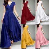 greatnfb Women'S V-Neck Solid Color Short Sleeve Chiffon Waist Closing Evening Dress Chic Robe Vestido Para Mujer