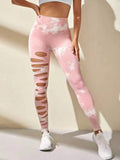 Women Tie Dye Hollow Out Leggings Sports Pants Fitness Sportswear Sexy High Waisted Push Up Gym Tights Running Leggings