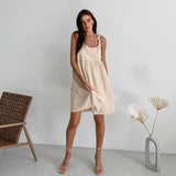 New In Cotton Linen Summer Dress Women 2024 Sexy Sleeveless Bandage Lace Up Chic Elegant Party Club Mini Dresses Beach Sundress