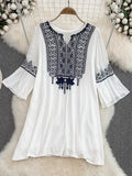 greatnfb  Summer Temperament Loose Ethnic Style Embroidered Dress Cotton Linen Holiday Vintge Dresses Women D1445