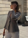 Chic Solid Wool Blend Blazer For Women Slim V-neck Long Sleeve Shoulder Pads Front Button Cardigan 2023 Autumn Lady Elegant Coat