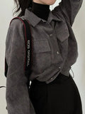 greatnfb  Vintage Corduroy Cropped Jacket Women Korean Fashion Long Sleeve Drawstring Blouses Female Casual Loose Single Breasted Coats