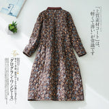 Cotton-padded Dresses Korean Style Women Winter Warm Outwear Thickened Cotton Linen Floral Printed Dress