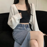 Rimocy Sunscreen Crop Knit Cardigan Women Korean Style Solid Color Thin Cardigan Coat Woman Simple Long Sleeve Smock Top Ladies