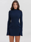 Mozision Dark Blue Two Pocket Sexy Mini Dress For Women  Autumn Winter New Long Sleeve Bodycon Club Party Dress Elegant