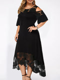 Fashion Women Summer Cold Shoulder Short Sleeve Lace Patchwork Elegant Party Dress Maxi Plus Size Women Clothing