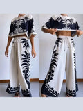 greatnfb  Vintage Printed Woman Tank Top & Trousers Suit O Neck Half Sleeved Loose T-shirt Pants 2pcs Set Elastic Waist Chic Vacation Wear