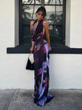 Backless Maxi Dress Women Sexy Purple Print Halter Bodycon Dress Summer Beach Outfits Elegant Sleeveless Club Party Dress