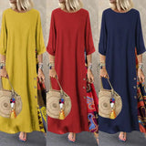 Printed Long Dress Dress Long O Neck Loose Women Plus Size Vintage 3/4 Sleeve Side Buttons Dress