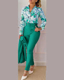 Casual Long Sleeve Shirt Pants Set Office Lady Fashion Elegant V Neck Floral Print Trousers Two Piece Set Women Outfit