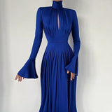 Casual Solid Pleated Women's Dresses Elegant Turtleneck Hollow Party Dress 2023 Autumn Solid Flare Sleeves High Waist Long Dress
