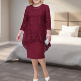 2022 New O-neck High-Waist Plus Size Midi Dress M-5XL Elegant  Embroidery Lace 3/4 Sleeve Lady Evening Dress Female Clothing