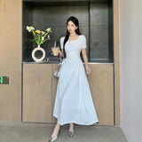 Elegant Black White Dress For Women Summer Square Collar Short Sleeve Slim Long Dress Evening Party Vintage Dresses