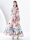 2024 Holiday Gorgeous Flower Party Dress Women's Stand Long Sleeve Single Breasted Floral Print Belt Linen Maxi Robe Vestidos