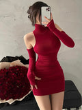 New Women's Mini Dress Sleeveless Pleated Skinny Dress High Neck Lace Up Autumn Black Tight Elastic Party Tank Dresses