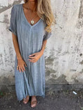 greatnfb  Summer Cotton Linen Loose Dress for Women Solid Color V Neck Short Sleeve Casual Elegant Beach Long Dresses Holiday Vestidos