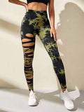 Women Tie Dye Hollow Out Leggings Sports Pants Fitness Sportswear Sexy High Waisted Push Up Gym Tights Running Leggings