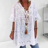 greatnfb Women Mini Dress Fashion V-Neck Hollow Out Embroidery Pattern Short Sleeves White Color Ruffle Dress Summer Casual Loose Cover-u