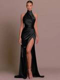 Elegant Luxury Party Evening Dress Sexy Women Sleeveless Long Halter Dress Fall Backless High Split Bodycon Maxi Dresses Black