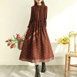 Cotton Linen Print Dress for Women Japanese Mori Girl Art New Floral Dress Loose Long Sleeve Female Vintage Midi Dress