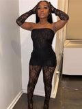 greatnfb  Weird Puss Sexy Mesh Women 2 Piece Set Skinny See Through Hipster Strapless Dress+Foot Leggings Midnight Clubwear Matching Suit