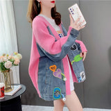 Fashion Denim Patchwork Women Sweater Cardigans 2024 Autumn Winter New Loose Knit Cardigan Female Jacket Sweater Coat