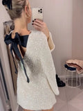 Shining Sequin Back Hollow Out Bowknot Mini Dress Women Long Sleeve Slim Short Dresses  Female Holiday Evening Party Looks